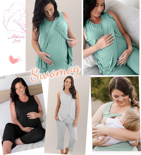 SWOMOG Women Maternity Pajama Set Nursing Pjs Double Layer Sleeveless Top Capri Pregnancy Set Breastfeeding Pjs with Pockets - color: Grey, size: Small
