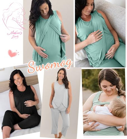 SWOMOG Women Maternity Pajama Set Nursing Pjs Double Layer Sleeveless Top Capri Pregnancy Set Breastfeeding Pjs with Pockets - color: Grey, size: Small