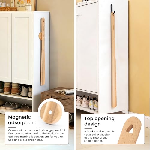 Extra Long Wooden Shoe Horn with Magnetic Holder, Beech Wood