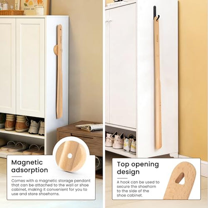 Extra Long Wooden Shoe Horn with Magnetic Holder, Beech Wood