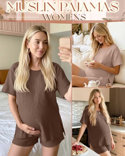 Riyiper 4 Pcs 100% Cotton Maternity Pajamas Sets - color: Beige, Light Brown, size: X-Large