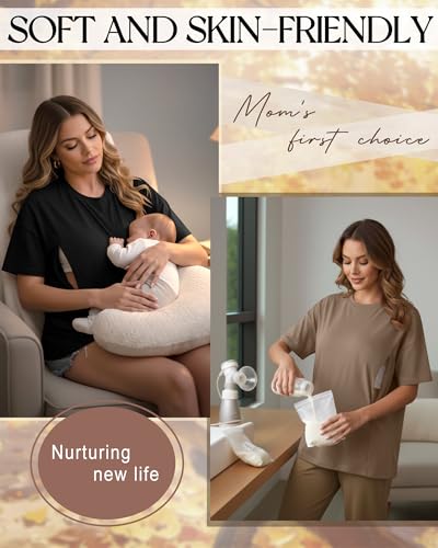 3 Pack Women's Oversize Nursing Tops - color: Light Brown, White, Black, size: X-Large