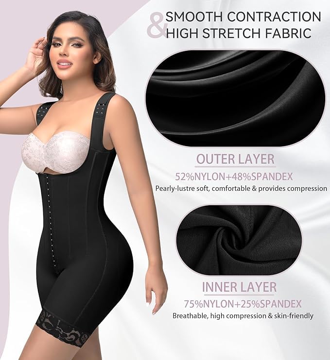 SHAPSHE Fajas Colombianas Moldeadoras Open Bust Full Body Shaper with Bones - color: Black(one Size Larger May Be Better), size: XX-Large