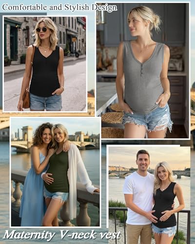 3 Pack Women Maternity Henley Tank Tops - color: Black, Light Mixed Gray, Army Green, size: Medium