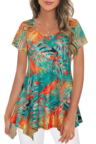 Nandashe Women Short Sleeves Tunic Scoop Neck Floral Irregular Hem Tops - color: Palm Leaves, size: Medium
