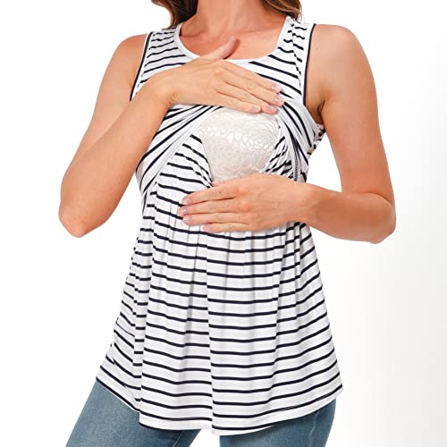 Bearsland Maternity Nursing Tank Tops - color: Black&white Stripe&white Flower, size: Small