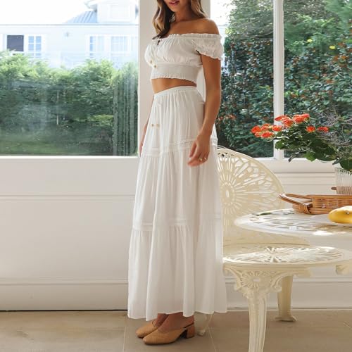 Womens Two Piece Summer Boho Outfit Off Shoulder Crop Top Maternity High Waist Maxi Skirt Beachear - color: White, size: Medium
