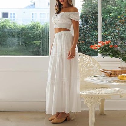 Womens Two Piece Summer Boho Outfit Off Shoulder Crop Top Maternity High Waist Maxi Skirt Beachear - color: White, size: Medium