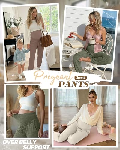 3 Pack Women's Maternity Jogger Pants with Pockets - color: Coffee, Apricot, Sage Green, size: Large