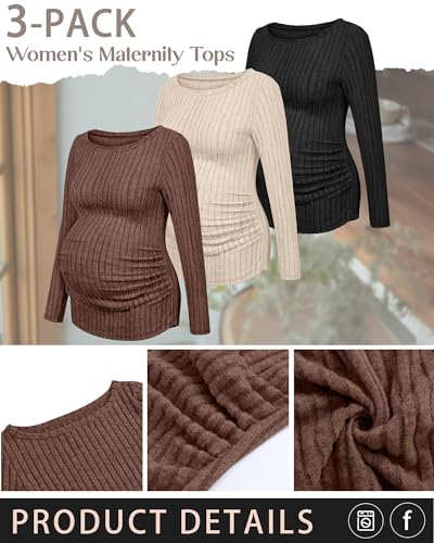 3 Pack Maternity Sweaters Long Sleeve Pregnancy Tops - color: Dark Brown, Apricot, Black, size: Large