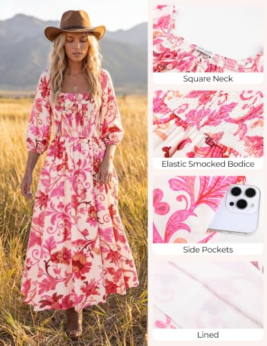 Kate Kasin Womens Summer Fall Boho Maxi Wedding Guest Dresses with Pockets - color: White and Rose Red Floral, size: Medium
