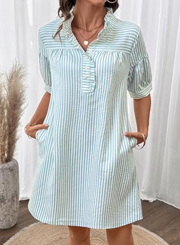 BLENCOT Summer Dresses for Women Puff Sleeve Striped Button Mini Dress - color: White Stripe, size: Large