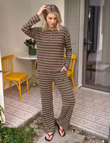 Ekouaer Womens Pajama sets Long Sleeve Cozy 2 Piece Matching Lounge Set - color: Brown White Stripe, size: Medium