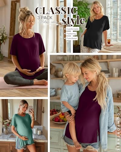 Riyiper 3 Pack Women's Maternity Tunic Cotton Shirts - color: Burgundy, Gray Green, Black, size: Medium