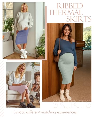 3 Pack Women's Ribbed Maternity Skirts - color: Pink, Bean Green, Haze Blue, size: Medium