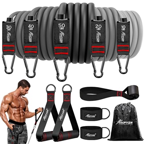 HPYGN Resistance Bands with Handles, 150 lb Exercise Bands for Home Workout - color: grey, style: 300LBS