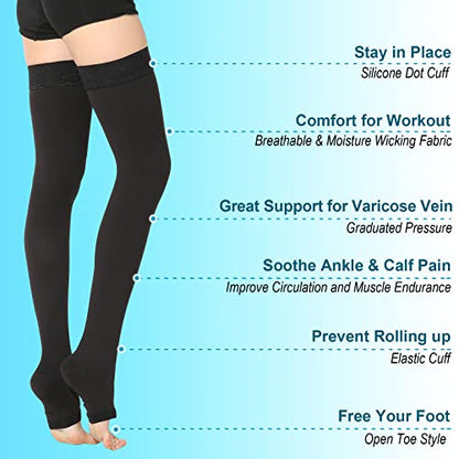 Medical Thigh High Compression Socks 20-30 mmHg for Women,Open Toe - color: Open Toe Black, size: Small