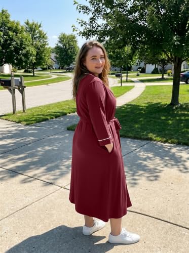 OLRIK Womens Plus Size Robe Long Knit Bathrobe V Neck Loungewear - color: Wine Red, size: 4X