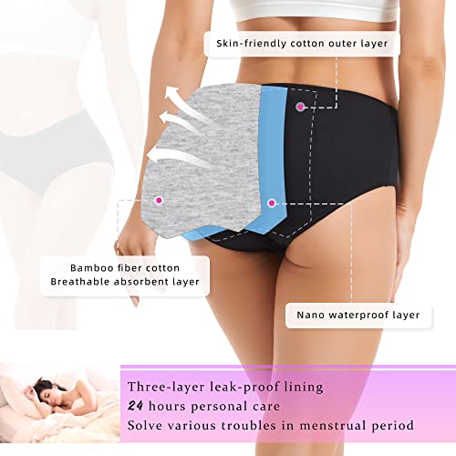Period Underwear for Women Leak Proof Cotton Overnight Menstrual Panties - color: 5 Black, size: Medium