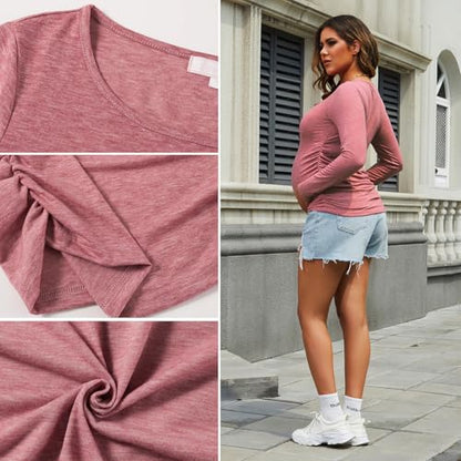 Maternity Shirt Long Sleeve Basic Top Ruch Sides Bodycon Tshirt for Pregnant Women - color: Dark Grey/Rose, size: Large