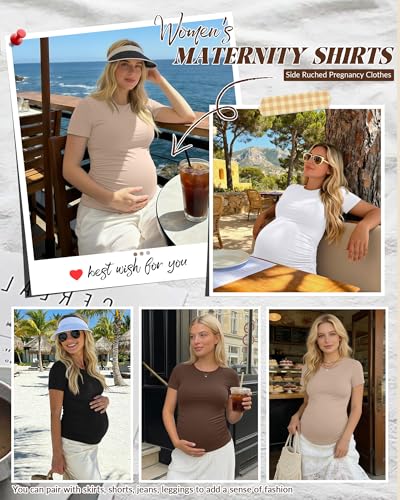Huukeay 4 Pack Women's Short Sleeve Maternity Tops - color: Black, Khaki, Coffee, White, size: Small