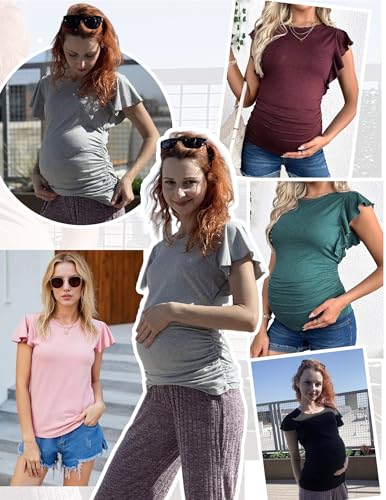 Ekouaer Maternity Shirts 3 Pack Flying Short Sleeve Tops Pregnancy Clothes - color: Light Grey / Black / Pink(3pcs), size: Medium