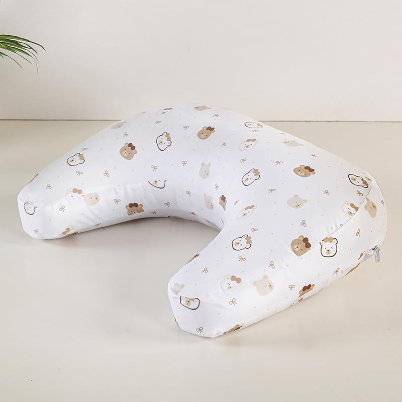 U-Shape Breastfeeding Nursing Pillow Set, 1 Insert and 2 Removable Covers - color: White & Brown Teddy Party
