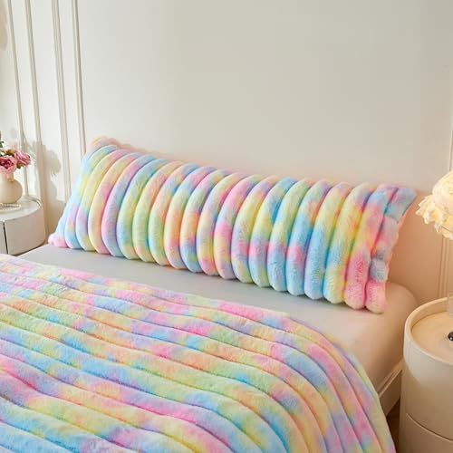 MEGO Fluffy Faux Rabbit Fur Ribbed Body Pillow Cover 20x54, Rainbow - color: Rainbow