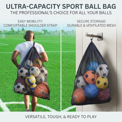 Heavy Duty Mesh Ball Bag, Drawstring Sport Equipment Storage Bag - color: Black-XL