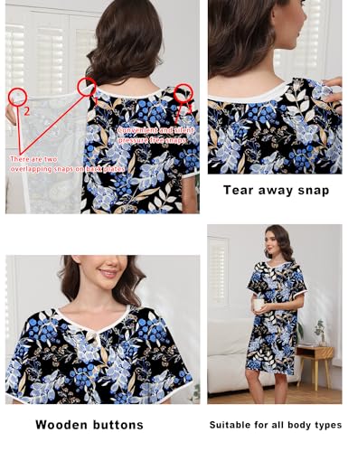 Hospital Gowns for Women Open Back Snap Post Shoulder Surgery Gown - color: Blue Flower, size: Medium