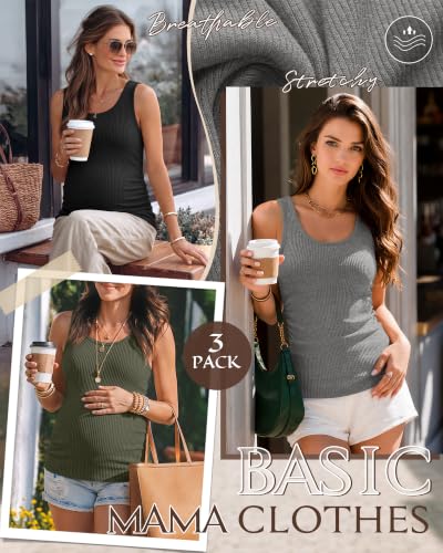 Riyiper 3 Pack Women's Maternity Tank Tops - color: Black, Light Gray, Light Army Green, size: X-Large