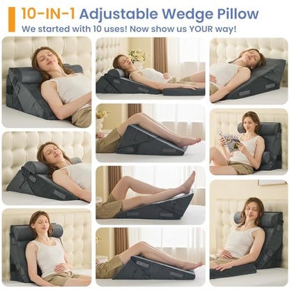 Sasttie Adjustable Wedge Pillow Set for After Surgery, Velvet - Dark Grey - color: Velvet - Dark Grey, size: Adjustable 9&12 Inch + 1 Head Pillow