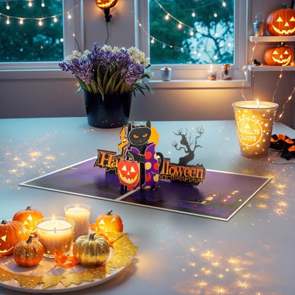 Black Cat Pumpkin Lantern Halloween Cards, Pop Up Halloween Cards. - style: Black Cat