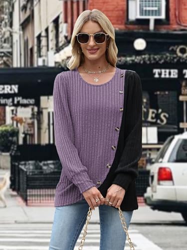 MixShe Womens Knit Sweaters 2026 Fall Winter Casual Long Sleeve Ribbed Colorblock Button Pullover Tops - color: Purple, size: Large