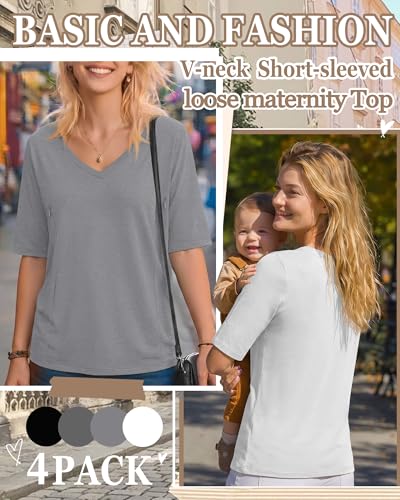4 Pack Women Nursing Shirts Breastfeeding Tops - color: White, Light Gray, Dark Gray, Black, size: XX-Large