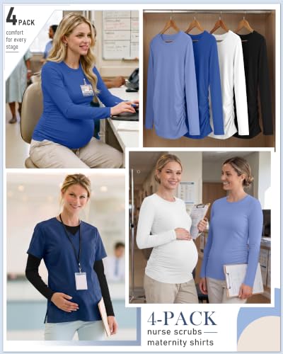 Locoowai 4 Pack Long Sleeve Maternity Underscrub Tops for Nurses - color: Black, White, Sapphire Blue, Sky Blue, size: Small