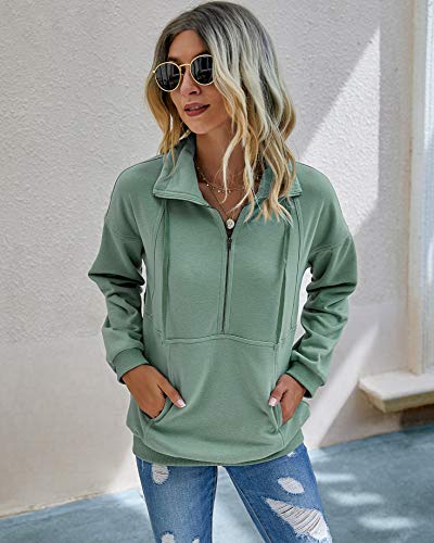 PRETTYGARDEN Women's Casual Long Sleeve Sweatshirt Half Zip Pullover Tops - color: Green, size: Small