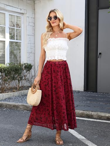 ELLEVEN Women’s Boho Floral Mesh Maxi Skirt - color: Burgundy, size: Small
