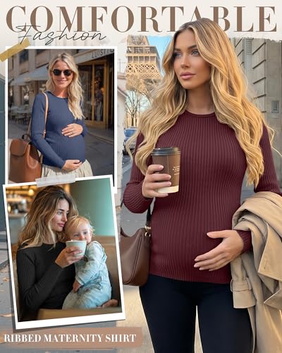 4 Pack Womens Ribbed Maternity Shirts Slim Fit Tops - color: Blue, Wine Red, White, Black, size: Large