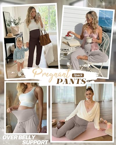 3 Pack Womens Maternity Pants Pregnancy Lounge Jogger - color: Gray Apricot, Light Coffee, Brown, size: XX-Large