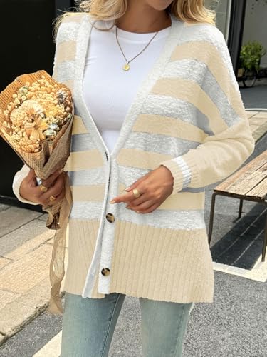 Saodimallsu Womens Oversized Striped Cardigan Fuzzy Knit Fall Sweaters - color: Apricot, size: Medium