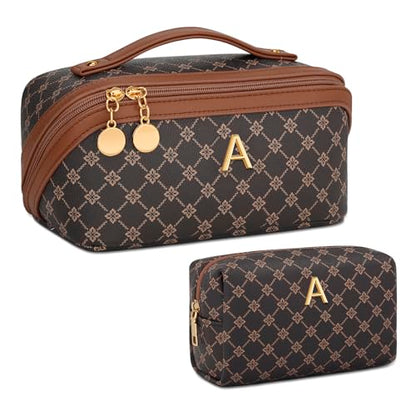 Initial Makeup Bag Personalized Gift for Women Teen Girls - color: Coffee, style: A