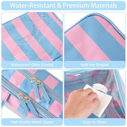 Toiletry Bag for Women, Pink and Blue Stripe - color: Pink-Blue