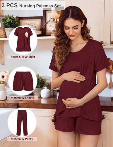 Ekouaer 3 PCS Maternity Nursing Pajamas Set Postpartum Breastfeeding PJS - color: Wine Red, size: Medium