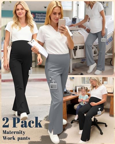 2 Pack Women's Maternity Wide Leg Cargo Scrub Pants - color: Black, Cool Light Gray, size: X-Large