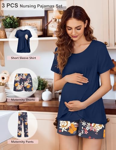 Ekouaer 3 PCS Maternity Nursing Pajamas Set Postpartum Breastfeeding PJS - color: Green Print, size: Medium