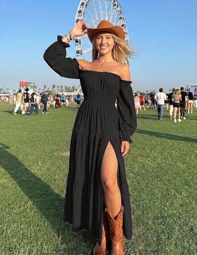 ZESICA Womens Fall Long Sleeve Boho Off Shoulder Maxi Dresses - color: Dark Black, size: X-Small
