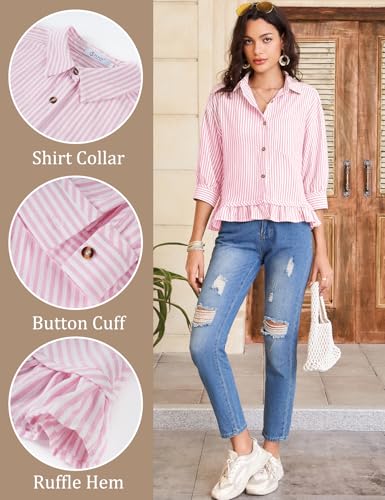 Flygo Womens Striped Button Down Shirts Cropped 3/4 Sleeve Ruffled Blouses - color: Pink, size: Small