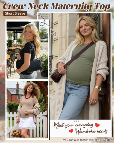Huukeay 4 Pack Women's Short Sleeve Maternity Tops - color: Khaki, Cream, Army Green, Black, size: Medium