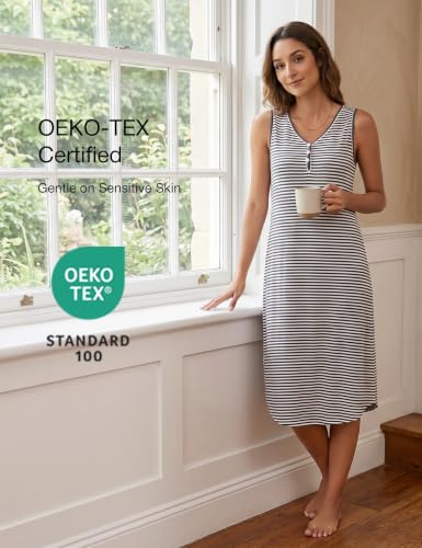 LazyCozy Women's Bamboo Viscose Cooling Nightgown for Hot Flashes - color: Dark Grey Stripe, size: Large